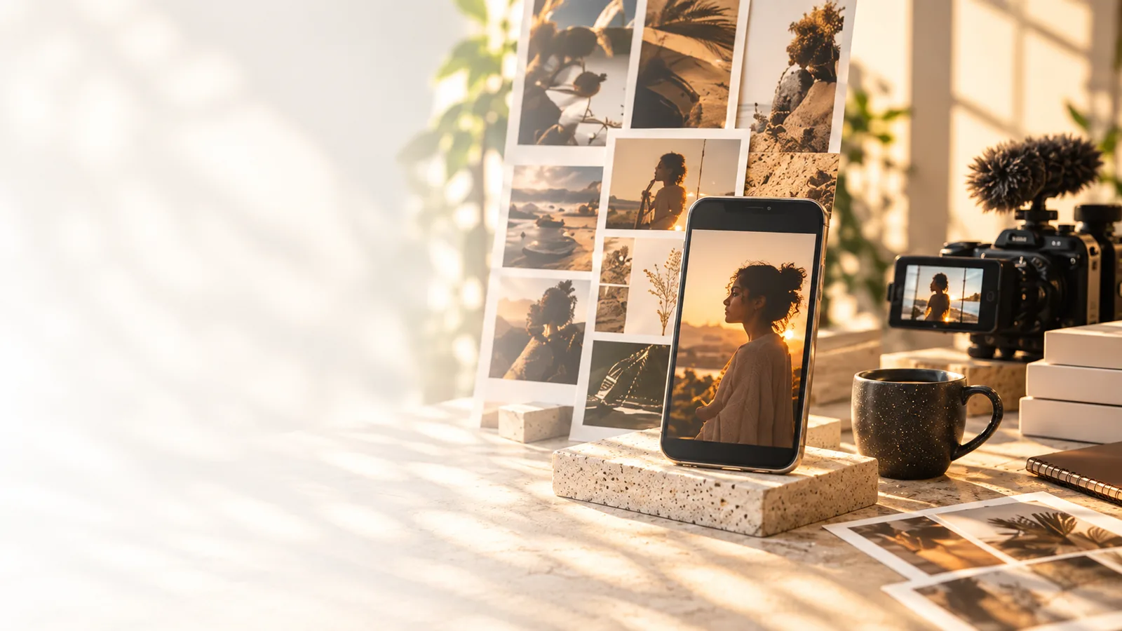Notebook e fotos impressas de um ensaio de marca
