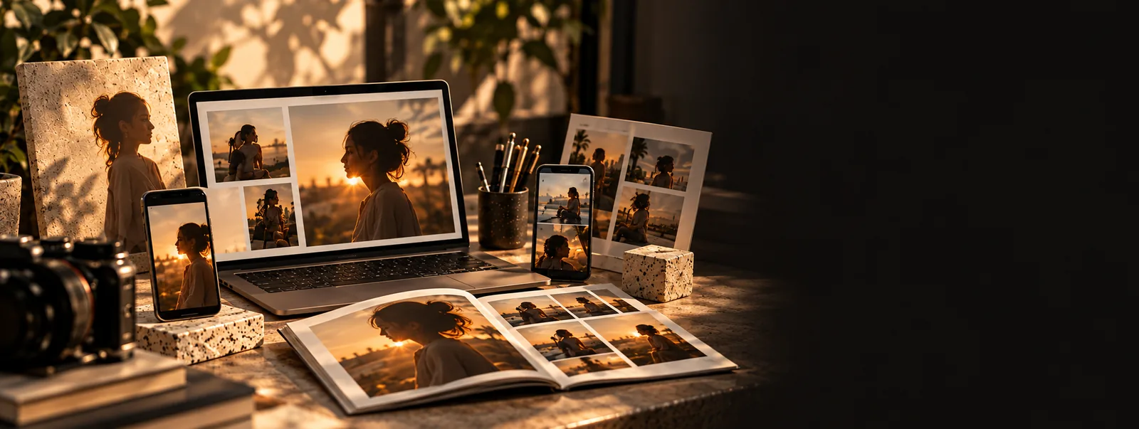 Notebook, celular e fotos impressas de uma mesma campanha