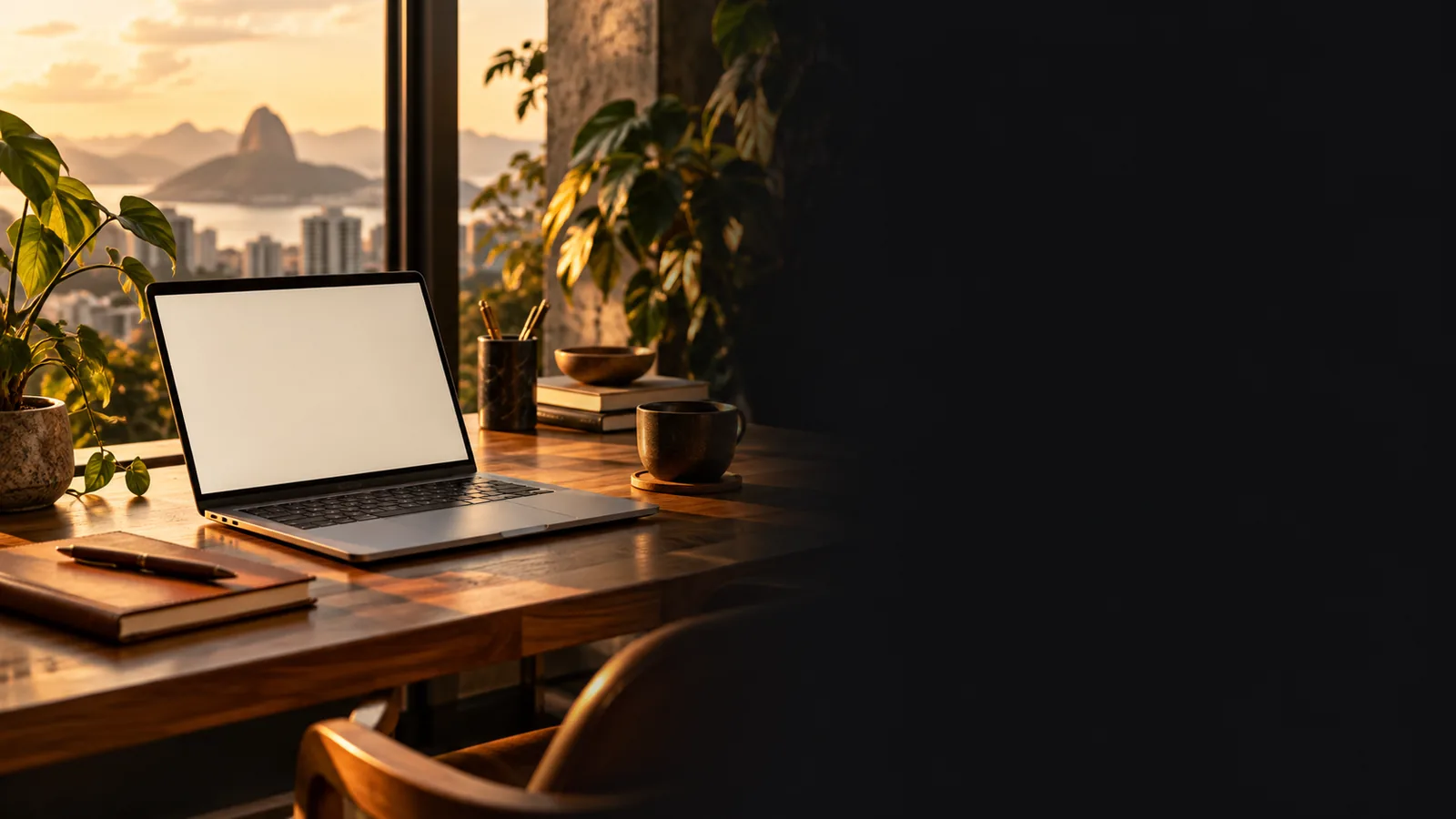 Notebook aberto em uma mesa de trabalho ao entardecer