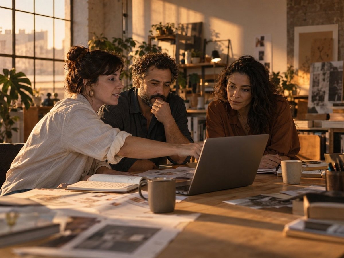 Três profissionais da Uman reunidos em volta de uma mesa, discutindo o trabalho na tela de um notebook