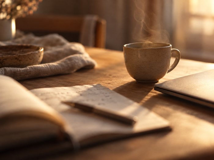 Caderno aberto com anotações, caneta e uma xícara fumegando sobre a mesa, na luz do fim da tarde