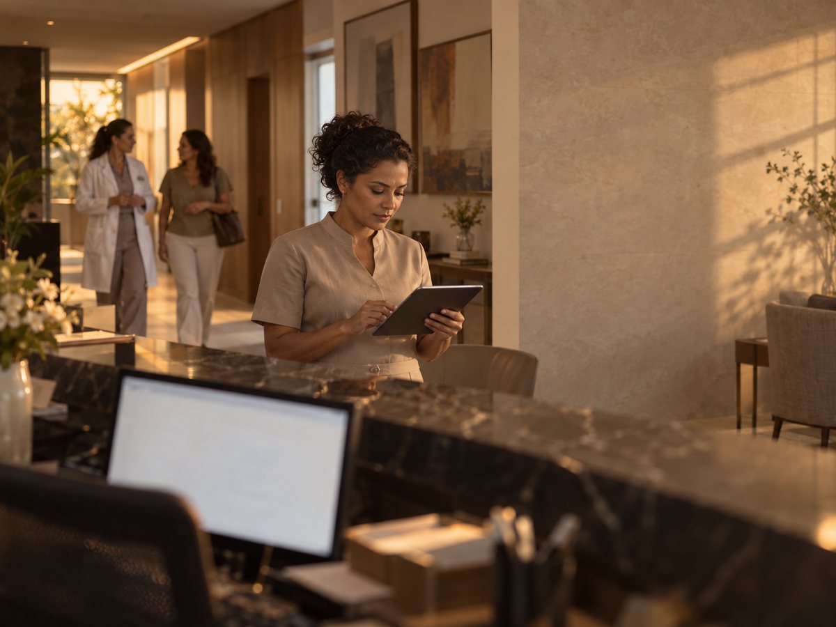 Recepcionista com um tablet no balcão de uma clínica ao fim da tarde, com uma médica atendendo ao fundo